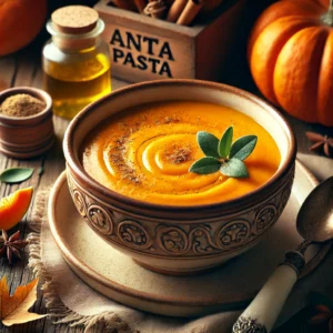 A warm, creamy bowl of pumpkin soup with a rich golden-orange color, served in an elegant ANTA pasta dish. The soup is garnished with a drizzle of extra virgin olive oil and a sprinkle of nutmeg. The dish sits on a rustic wooden table, surrounded by fresh pumpkin slices, a spoon, and a soft linen napkin, with autumnal decorations like dried leaves and cinnamon sticks in the background. Warm, natural lighting enhances the cozy atmosphere.