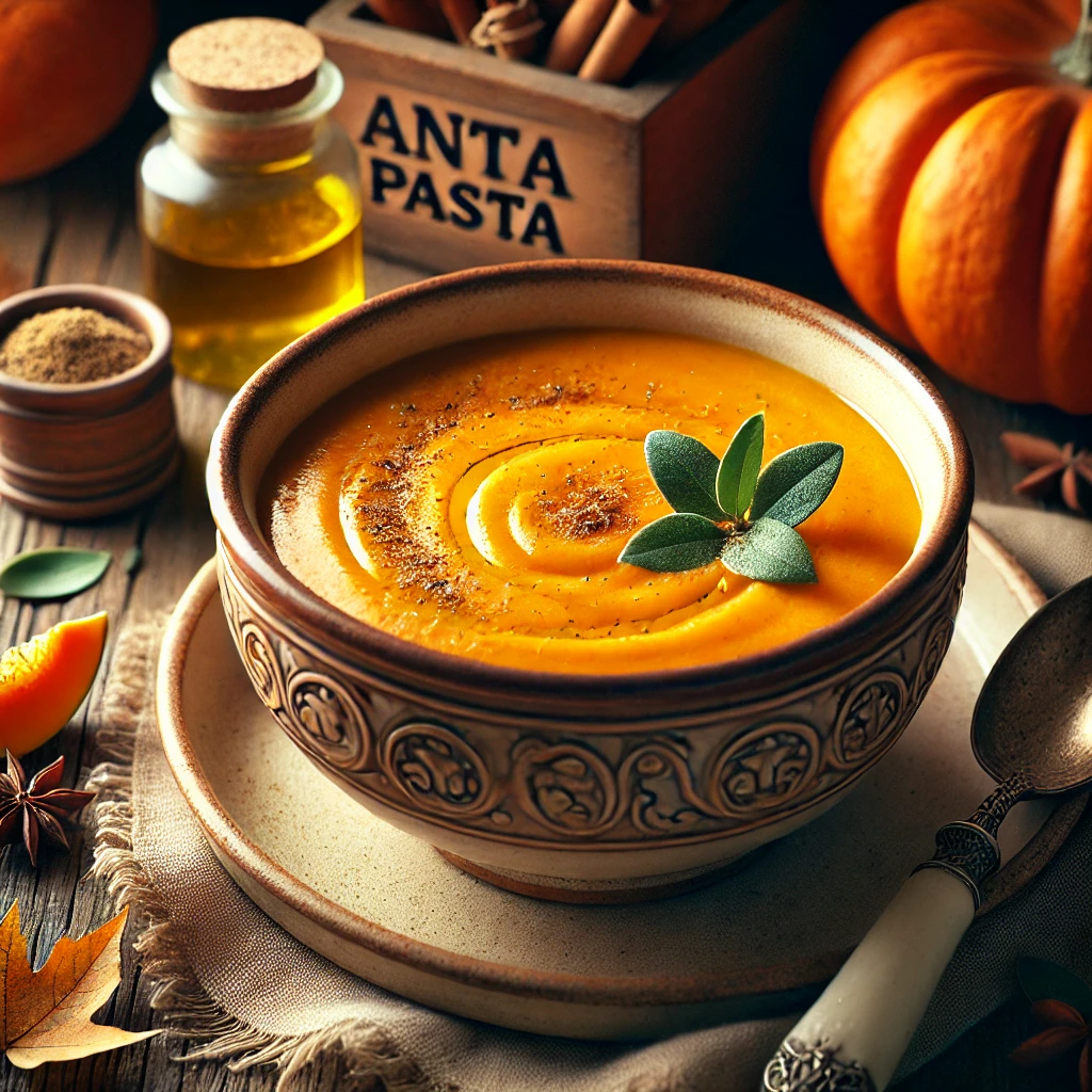 A warm, creamy bowl of pumpkin soup with a rich golden-orange color, served in an elegant ANTA pasta dish. The soup is garnished with a drizzle of extra virgin olive oil and a sprinkle of nutmeg. The dish sits on a rustic wooden table, surrounded by fresh pumpkin slices, a spoon, and a soft linen napkin, with autumnal decorations like dried leaves and cinnamon sticks in the background. Warm, natural lighting enhances the cozy atmosphere.