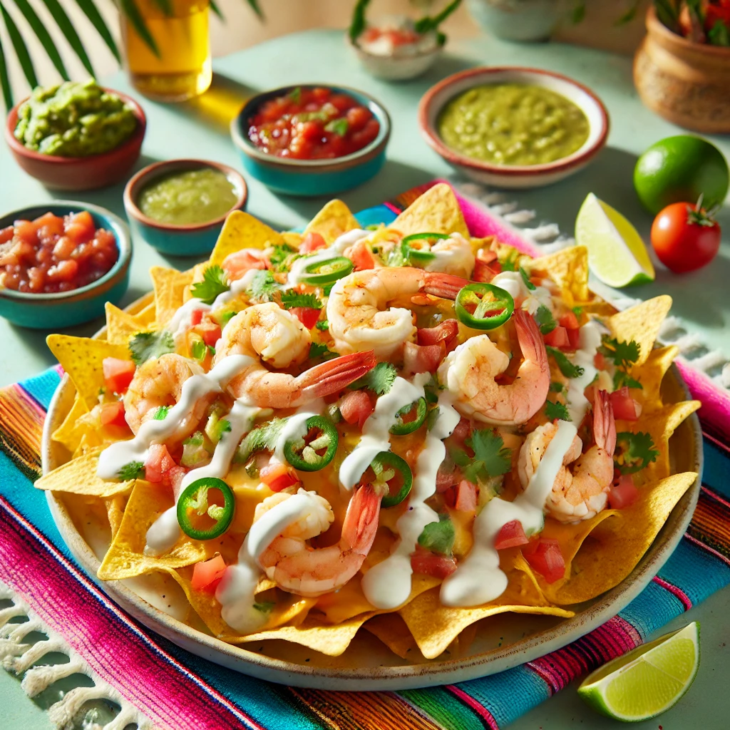 A vibrant plate of Creamy Shrimp Nachos Supreme, with crispy tortilla chips topped with shrimp, melted cheese, creamy sauce, diced tomatoes, jalapeño slices, and fresh cilantro. The dish is garnished with sour cream drizzle and lime wedges, surrounded by a colorful Mexican-style tablecloth, small bowls of guacamole and salsa, and bright natural lighting emphasizing the fresh ingredients.