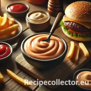 Photorealistic image of smooth orange-pink burger sauce in a glass bowl on a rustic wooden table, surrounded by golden fries, a spoon dipped in sauce, and a halved burger bun — styled in warm, natural light without any labels or packaging.