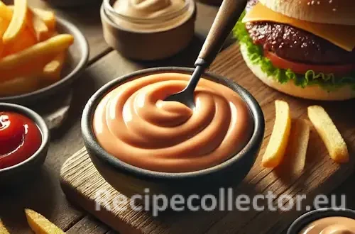 Photorealistic image of smooth orange-pink burger sauce in a glass bowl on a rustic wooden table, surrounded by golden fries, a spoon dipped in sauce, and a halved burger bun — styled in warm, natural light without any labels or packaging.