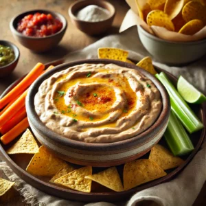 Creamy Refried Bean Dip served in a rustic artisan bowl, topped with melted golden cheese and a sprinkle of chili powder. The bowl is surrounded by taco chips, carrot sticks, and celery sticks for dipping, styled on a wooden table with a small bowl of salsa, a lime wedge, and a linen napkin. Soft natural lighting enhances the inviting and festive appetizer presentation.
