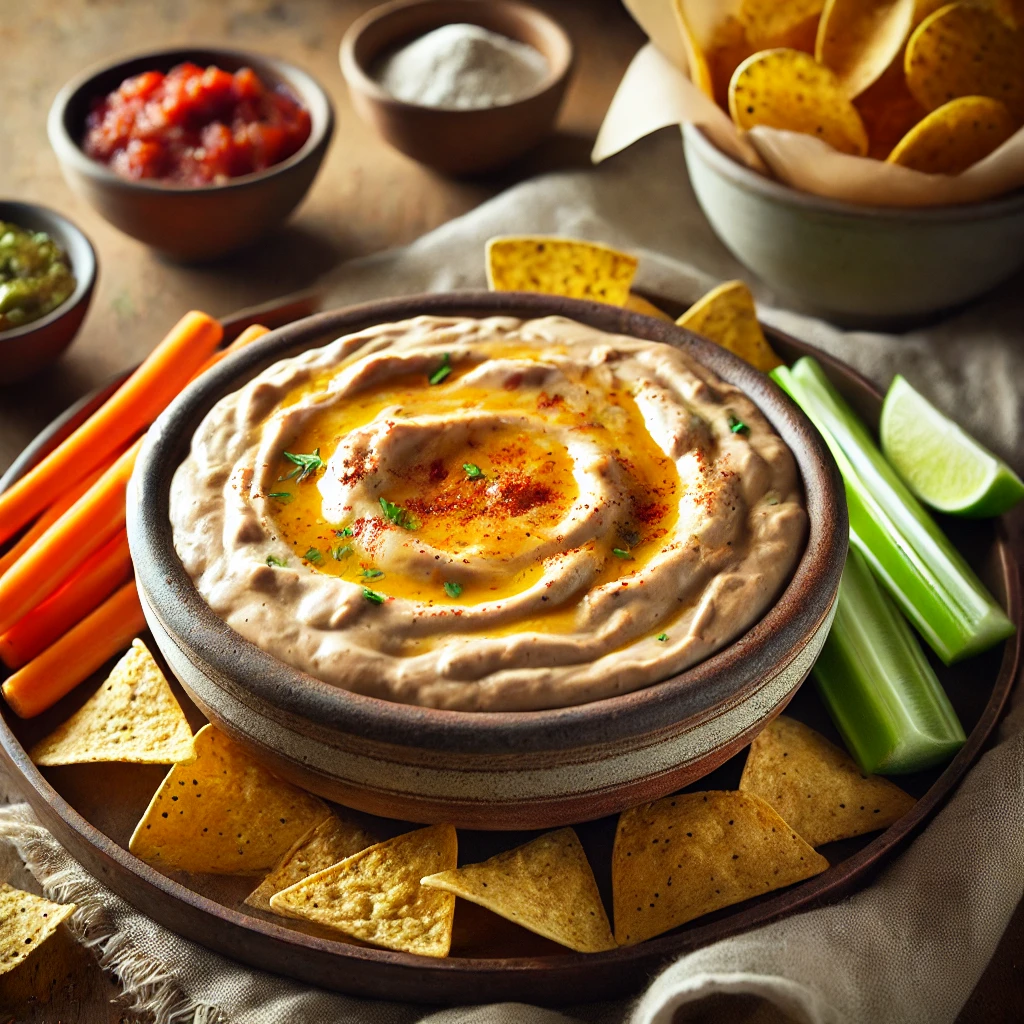 Creamy Refried Bean Dip served in a rustic artisan bowl, topped with melted golden cheese and a sprinkle of chili powder. The bowl is surrounded by taco chips, carrot sticks, and celery sticks for dipping, styled on a wooden table with a small bowl of salsa, a lime wedge, and a linen napkin. Soft natural lighting enhances the inviting and festive appetizer presentation.