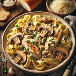 A beautifully plated dish of Creamy Slow Cooker Chicken Fettuccine With Mushrooms served on a rustic wooden table. The dish features tender slow-cooked chicken and fettuccine pasta coated in a rich, creamy garlic Parmesan sauce with sautéed mushrooms. Garnished with freshly chopped parsley and extra grated Parmesan cheese. Served in a white ceramic bowl with a side of crusty bread. The warm wooden table is more visible, providing a cozy and inviting setting.