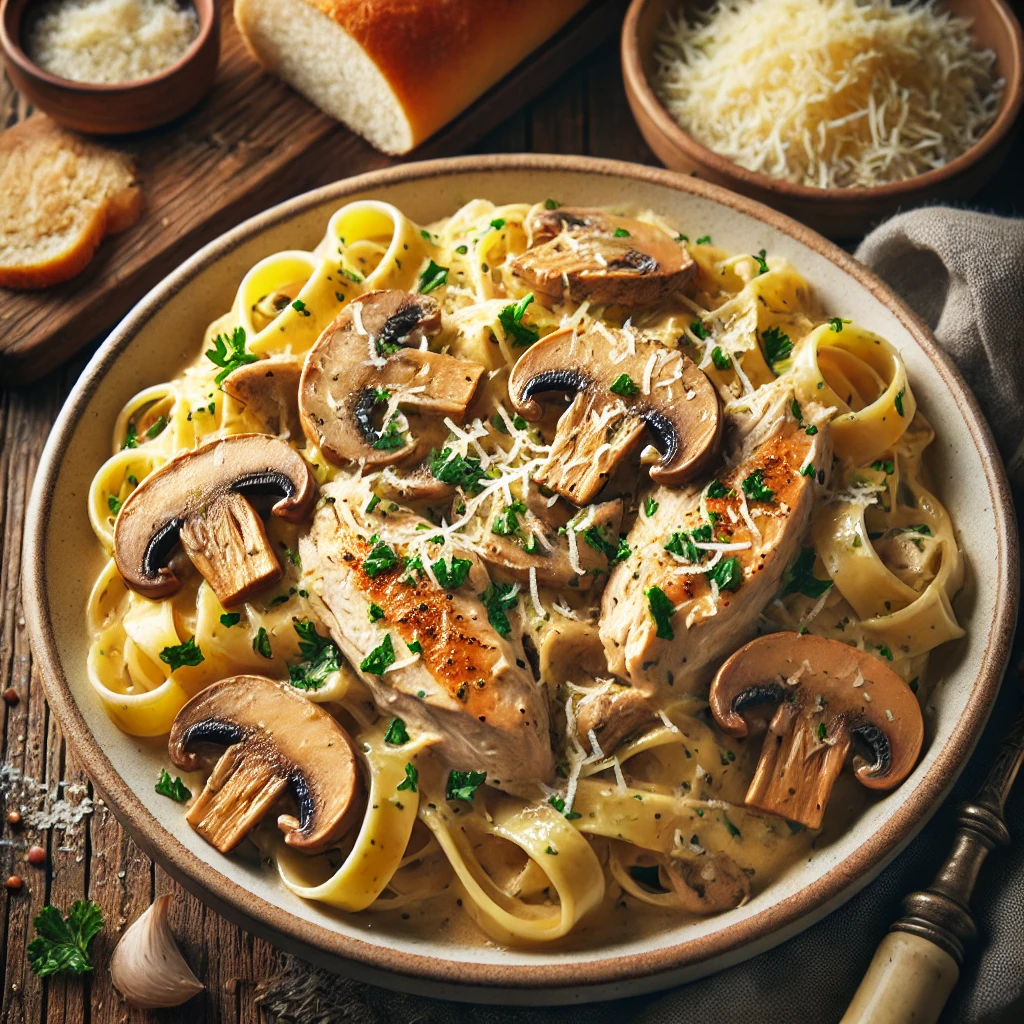 A beautifully plated dish of Creamy Slow Cooker Chicken Fettuccine With Mushrooms served on a rustic wooden table. The dish features tender slow-cooked chicken and fettuccine pasta coated in a rich, creamy garlic Parmesan sauce with sautéed mushrooms. Garnished with freshly chopped parsley and extra grated Parmesan cheese. Served in a white ceramic bowl with a side of crusty bread. The warm wooden table is more visible, providing a cozy and inviting setting.