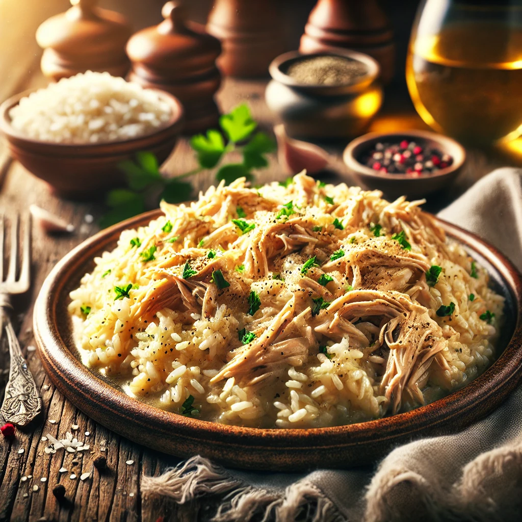 Creamy Slow Cooker Chicken and Rice on a rustic ceramic plate, featuring tender shredded chicken mixed with creamy seasoned rice, infused with garlic, onions, and herbs. Garnished with parsley and black pepper, set on a wooden table with a bowl of extra rice and a glass of white wine in the softly blurred background.