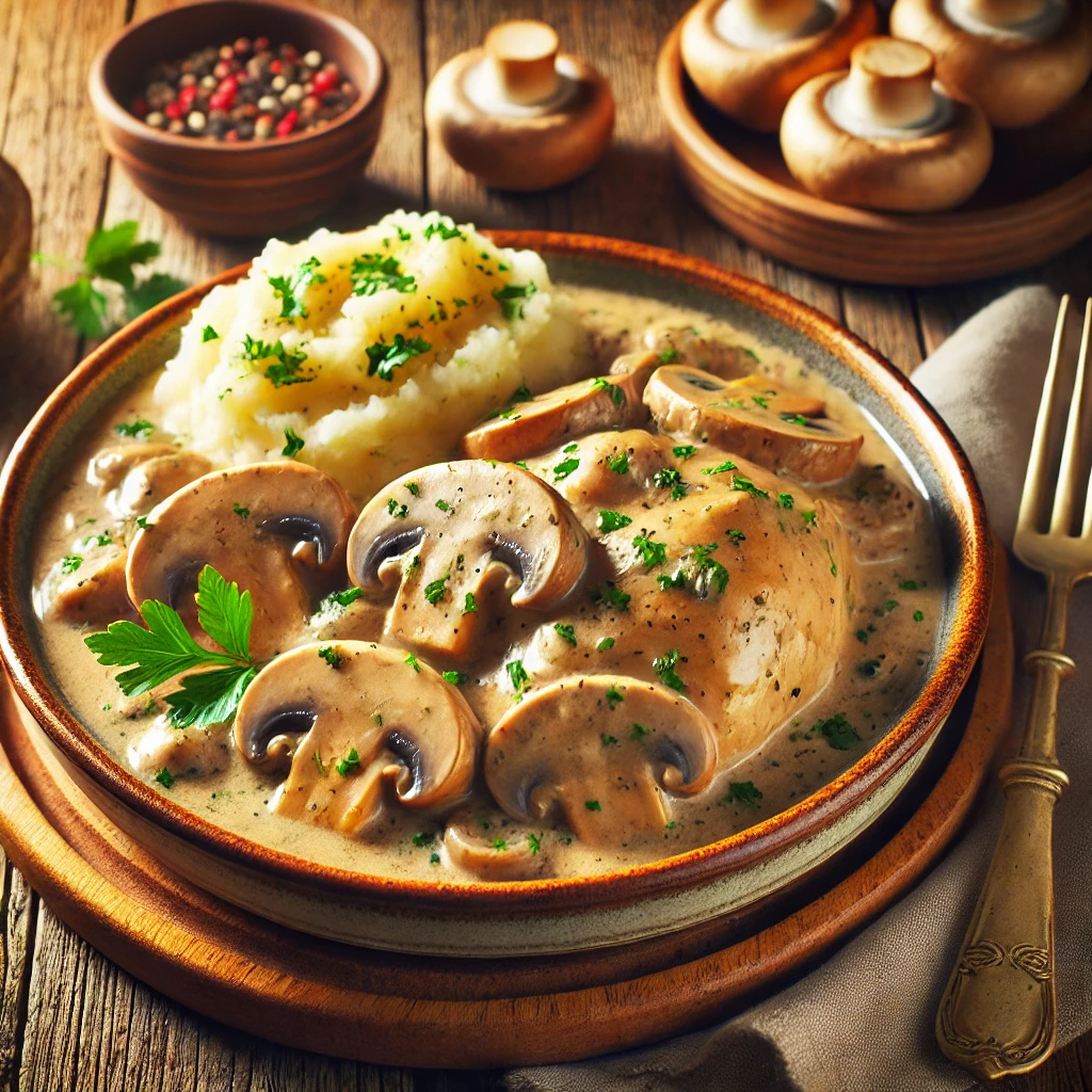 A beautifully plated dish of Creamy Slow Cooker Chicken with Mushroom Gravy served on a rustic wooden table. The dish features tender slow-cooked chicken smothered in a rich, creamy mushroom gravy with sliced mushrooms and herbs. Garnished with freshly chopped parsley and served in a rustic ceramic bowl. A side of mashed potatoes or buttered rice accompanies the dish. The warm wooden table and softly blurred background enhance the inviting and comforting presentation.