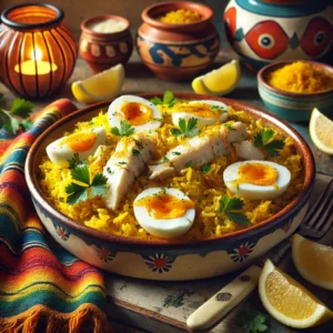 A rustic ceramic dish filled with creamy smoked haddock and saffron kedgeree, featuring golden rice, flaked haddock, and chopped hard-boiled eggs, garnished with fresh parsley and sieved egg yolk. Lemon wedges are arranged on the side, with vibrant Mexican textiles and pottery in the background. Warm lighting enhances the rich colors and textures, creating an inviting and cozy meal presentation.