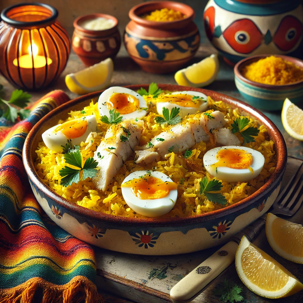 A rustic ceramic dish filled with creamy smoked haddock and saffron kedgeree, featuring golden rice, flaked haddock, and chopped hard-boiled eggs, garnished with fresh parsley and sieved egg yolk. Lemon wedges are arranged on the side, with vibrant Mexican textiles and pottery in the background. Warm lighting enhances the rich colors and textures, creating an inviting and cozy meal presentation.