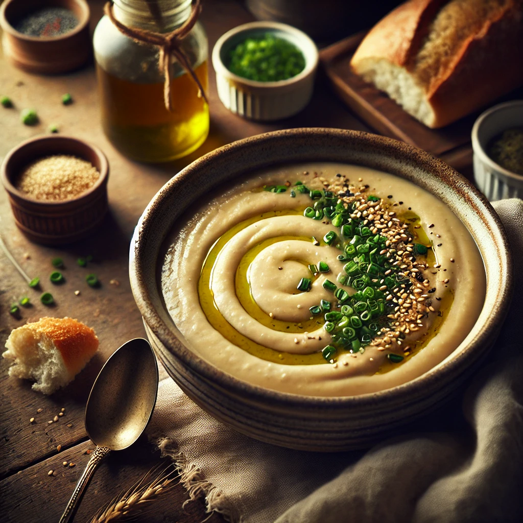 A bowl of creamy tahini miso potato soup garnished with olive oil, sesame seeds, and chopped chives, served on a rustic wooden table with bread and tahini in the background.