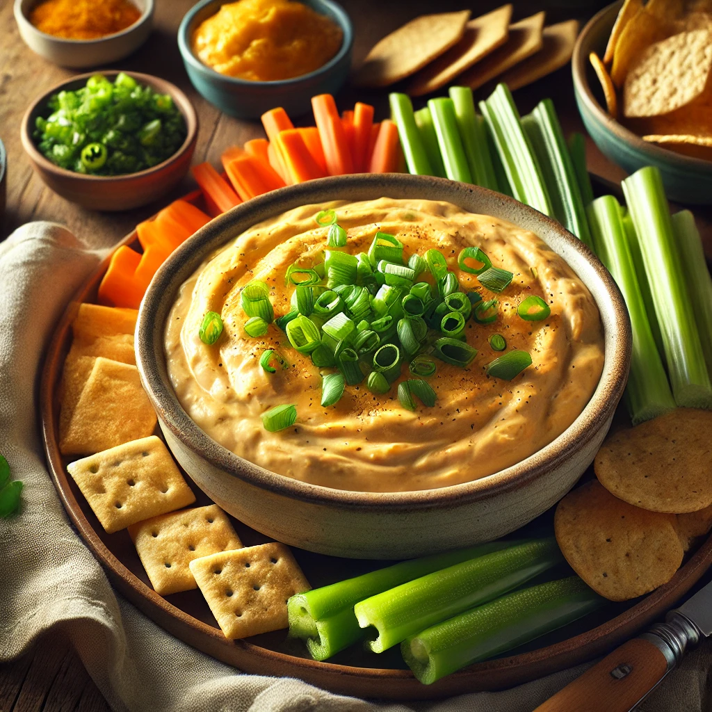 A creamy three-cheese dip served in a rustic ceramic bowl, topped with freshly sliced green onions. The dip is surrounded by colorful fresh vegetables like carrot sticks, celery, and bell pepper slices, along with crispy crackers and tortilla chips, arranged on a wooden table.