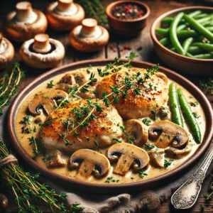 Golden-brown chicken breasts simmered in a rich, creamy thyme and mushroom sauce, garnished with fresh thyme, served with green beans and rice casserole on a rustic wooden table.