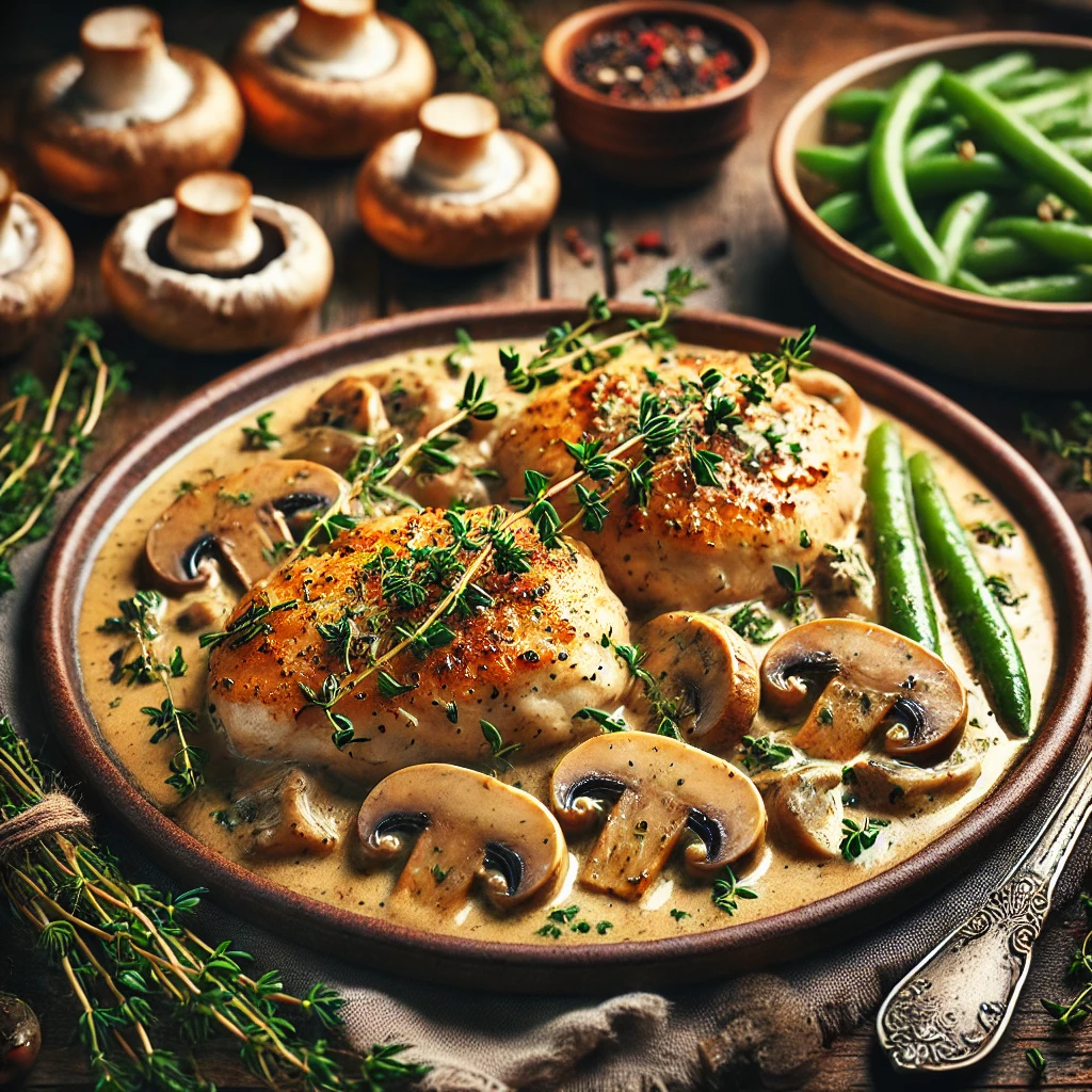 Golden-brown chicken breasts simmered in a rich, creamy thyme and mushroom sauce, garnished with fresh thyme, served with green beans and rice casserole on a rustic wooden table.