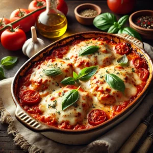 Tender chicken breasts smothered in a rich, creamy tomato sauce with fresh basil, topped with melted mozzarella cheese, served in a rustic baking dish.