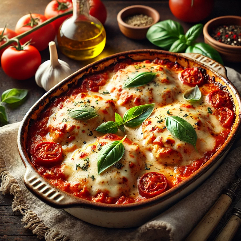 Tender chicken breasts smothered in a rich, creamy tomato sauce with fresh basil, topped with melted mozzarella cheese, served in a rustic baking dish.