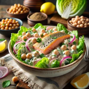 Creamed Trout Salad, featuring tender chunks of trout mixed with a creamy horseradish dressing, chickpeas, red onion, and crisp Iceberg lettuce, garnished with fresh lemon slices in a rustic, inviting setting.