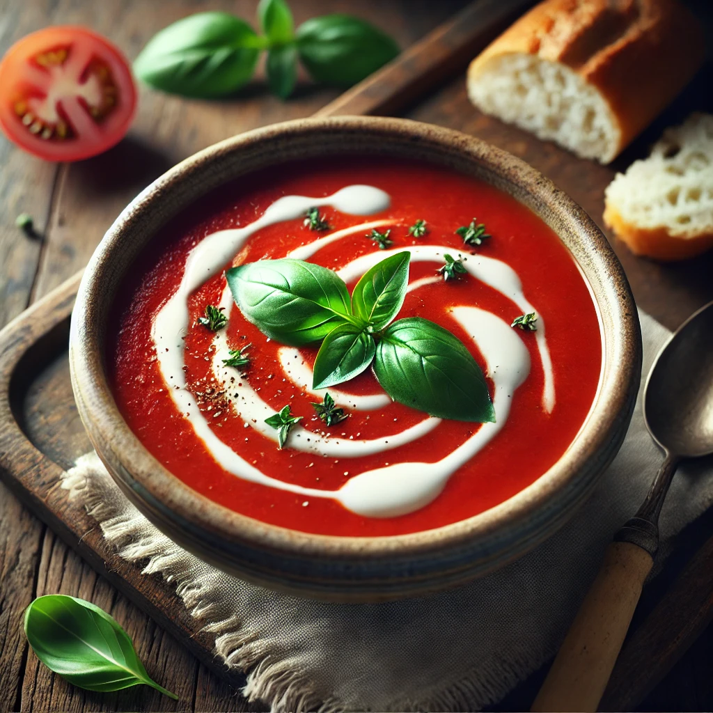 A rustic ceramic bowl filled with creamy vegan tomato soup, rich red in color, garnished with a drizzle of coconut cream, fresh basil leaves, and a sprinkle of black pepper, served with a slice of crusty bread on a wooden table in soft natural light.