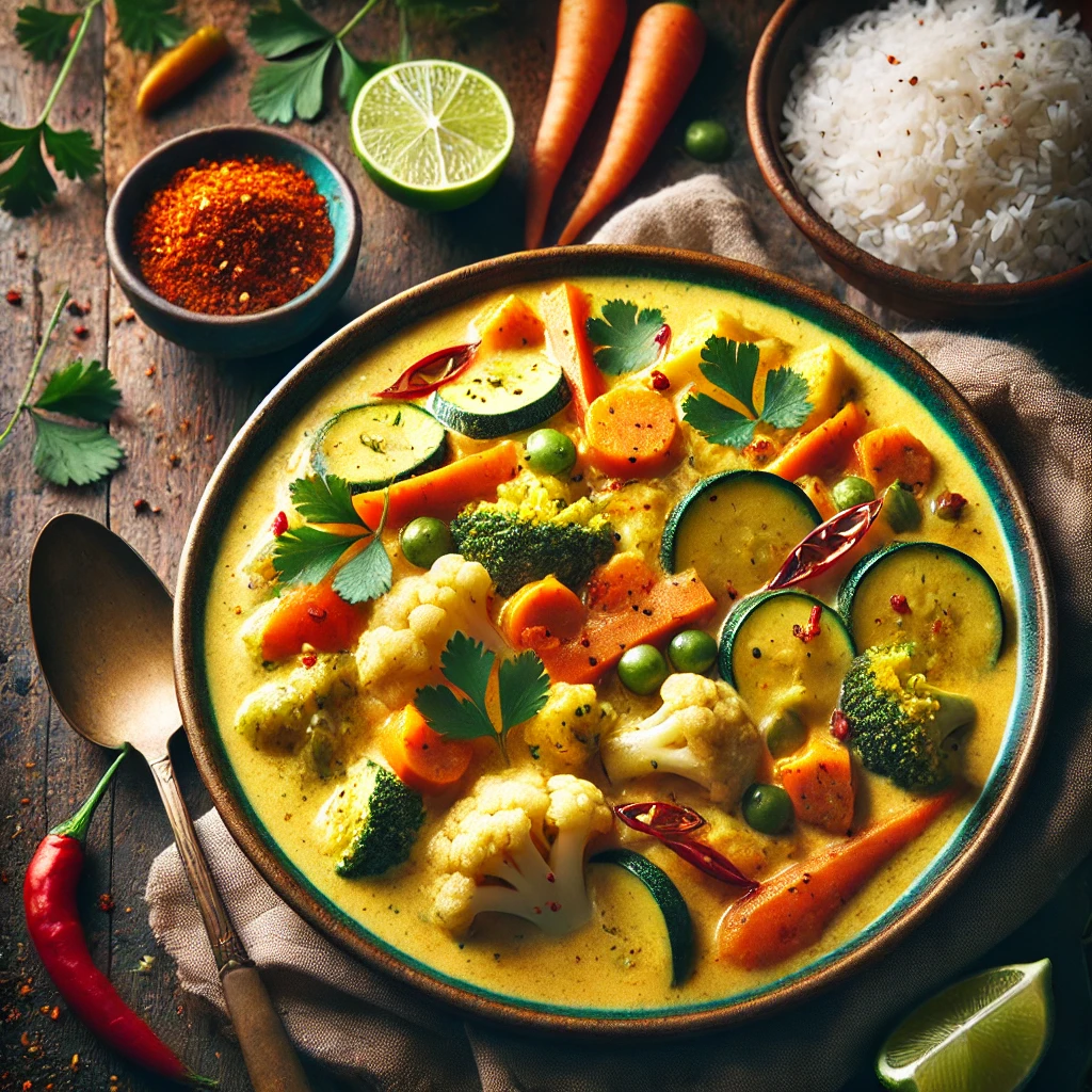 A bowl of Creamy Veggie Curry Delight with coconut curry, tender vegetables, and garnished with cilantro and red chili flakes, served alongside basmati rice and lime wedges on a wooden table.