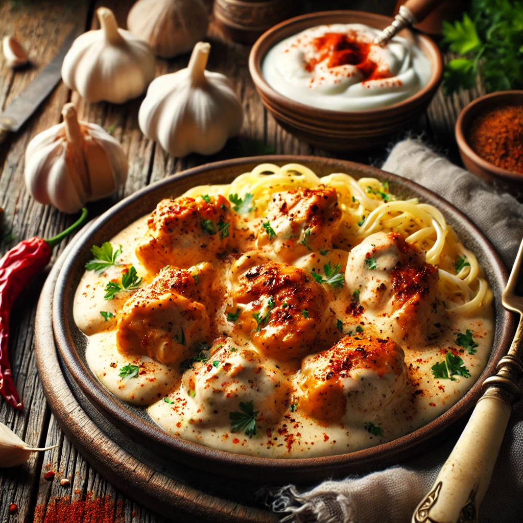 Tender chicken pieces coated in a rich, creamy yogurt sauce infused with smoky paprika, garnished with fresh parsley and served with buttered noodles or rice.