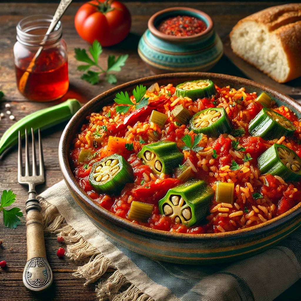 A bowl of Creole Red Jambalaya with tender rice, okra, and vegetables in a tomato base, garnished with parsley, served on a rustic table with bread and iced tea in the background.