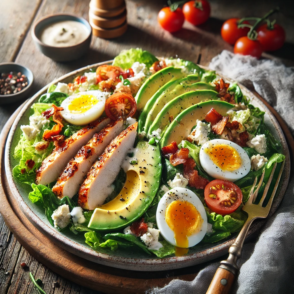 A plate of crisp Cobb salad with fresh romaine lettuce, grilled chicken slices, crispy bacon, cherry tomatoes, avocado chunks, hard-boiled egg slices, and crumbled blue cheese on a rustic wooden table. Drizzled with creamy buttermilk dressing and garnished with chopped chives and cracked black pepper. A serving fork lifts a bite, enhancing the fresh, inviting presentation.