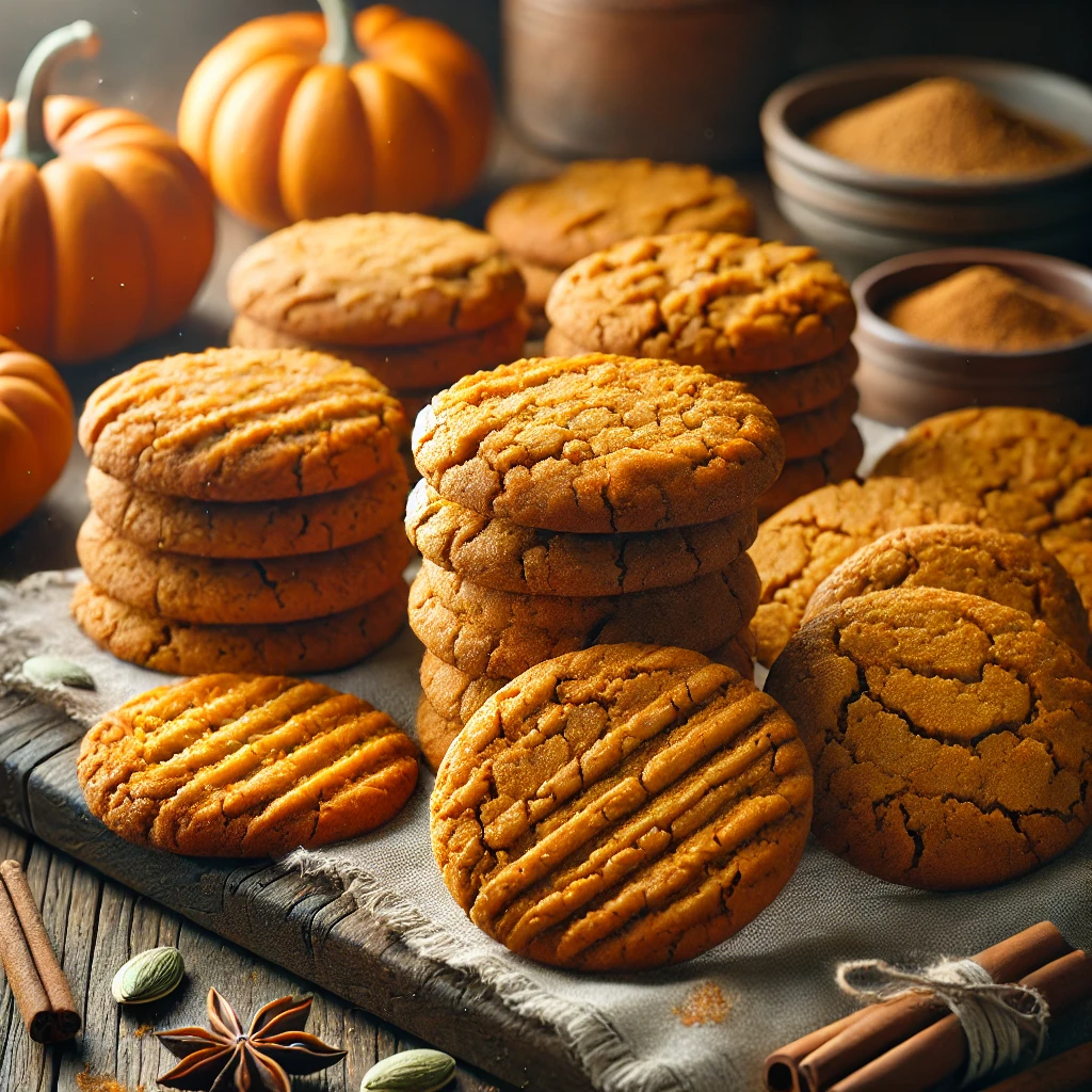 A batch of freshly baked crisp and chewy pumpkin cookies with a golden-orange hue and a slightly cracked surface. Some cookies are stacked, while others cool on a wire rack. The rustic wooden table is decorated with cinnamon and nutmeg, whole pumpkins, and a linen napkin. A few cookies are drizzled with a light glaze, and warm natural lighting enhances the cozy, autumnal feel.