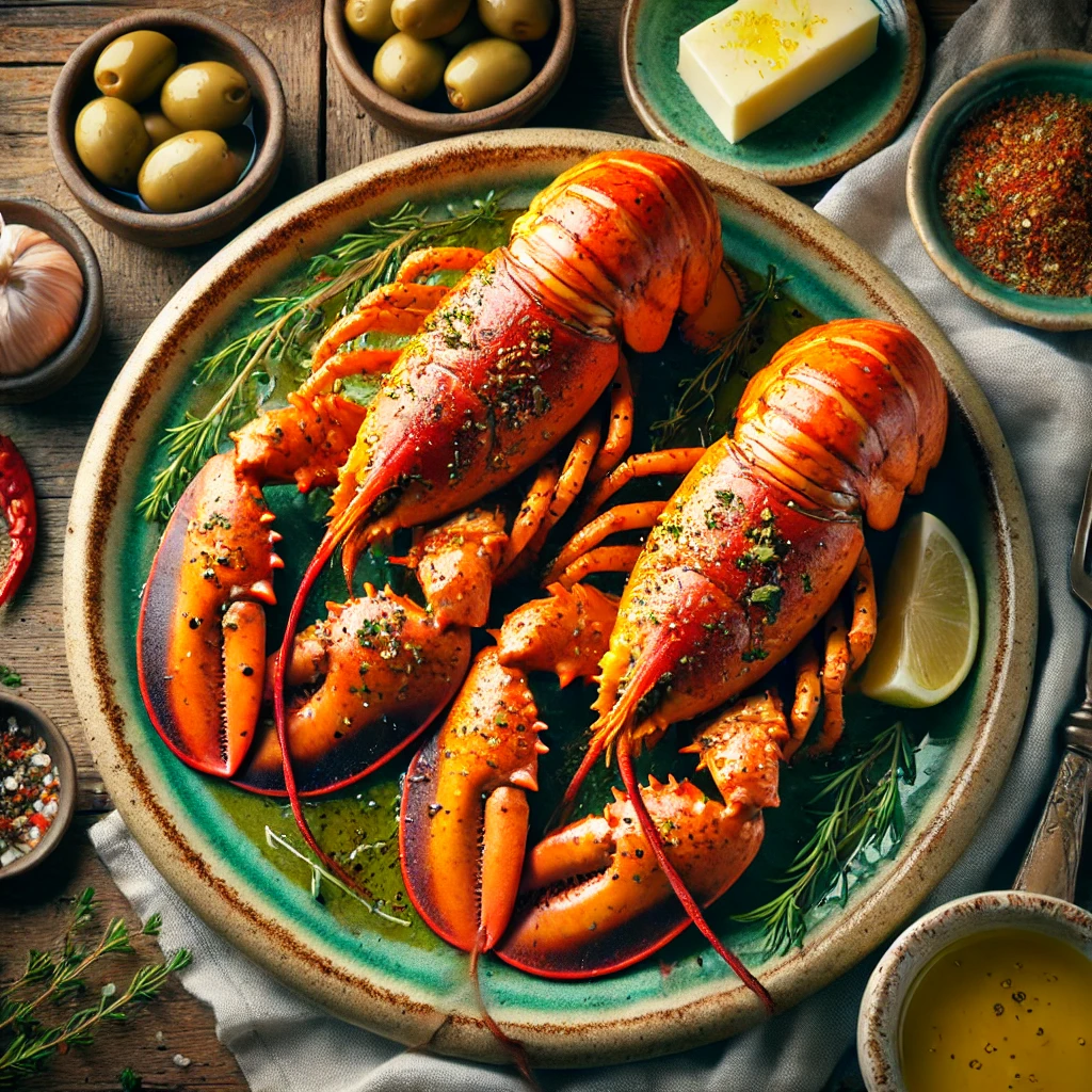 Golden lobster tails cooked in their shells, garnished with fresh herbs, served with a side of green olives on a rustic ceramic plate, set on a wooden table with soft natural lighting for a vibrant and flavorful presentation.