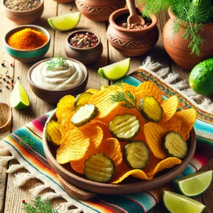A close-up image of a beautifully presented plate of crispy golden air-fried pickle chips, paired with a small bowl of tangy mayo dipping sauce. The scene is styled with fresh dill sprigs, a wedge of lime, and spices on a rustic wooden table, with bright natural lighting and a hint of colorful Mexican-style decor in the background.