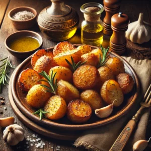 Golden, crispy Roast Potatoes served on an artisan ceramic plate, with a crispy exterior and fluffy interior. The dish is garnished with fresh rosemary sprigs and a sprinkle of sea salt, styled on a rustic wooden table with a small bowl of olive oil, a wooden serving spoon, and a side of garlic cloves.