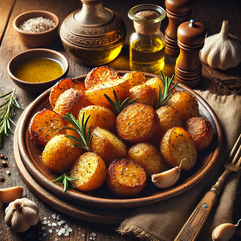 Golden, crispy Roast Potatoes served on an artisan ceramic plate, with a crispy exterior and fluffy interior. The dish is garnished with fresh rosemary sprigs and a sprinkle of sea salt, styled on a rustic wooden table with a small bowl of olive oil, a wooden serving spoon, and a side of garlic cloves.