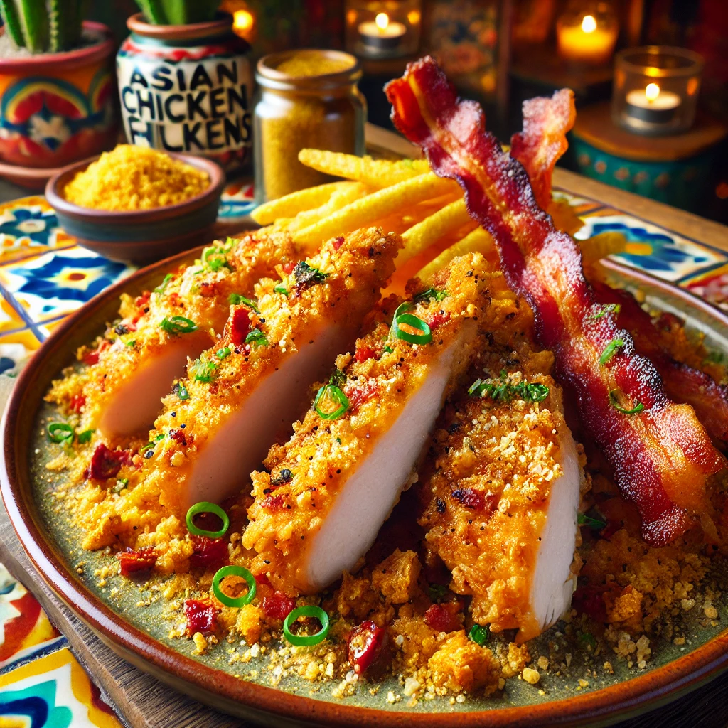 Crispy Asian chicken fillets with cheese, seasoned with ginger and curry, served with bacon in a vibrant Mexican-style setting.