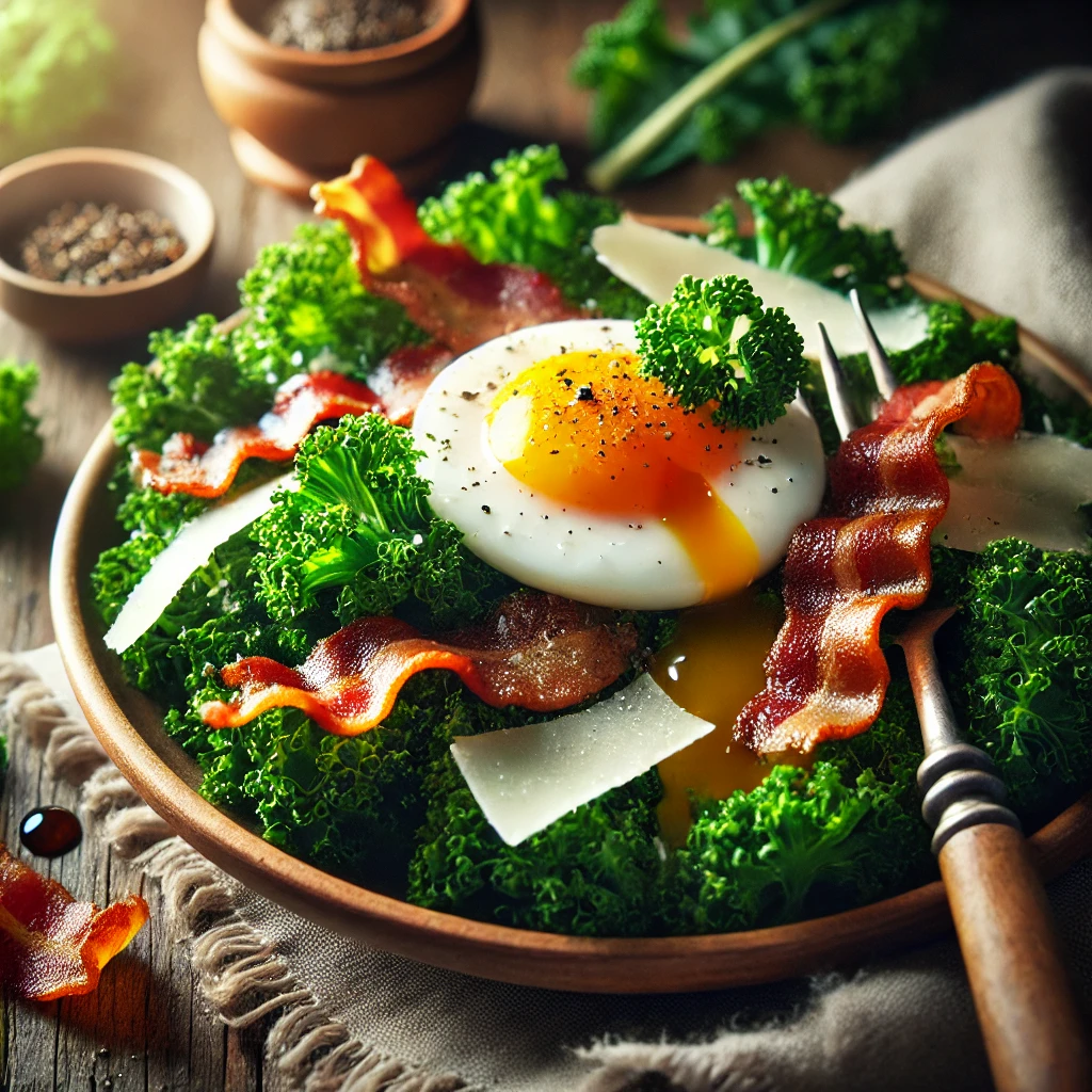A plate of crispy bacon and egg kale indulgence with fresh kale leaves, crispy bacon pieces, a soft-boiled egg with a runny yolk, and shaved Parmesan cheese on a rustic wooden table. Drizzled with balsamic glaze and sprinkled with cracked black pepper, with a serving fork lifting a bite. A cozy napkin and wooden plate enhance the warm, inviting atmosphere.