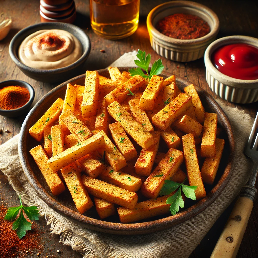 A plate of golden, crispy baked tofu fries, seasoned with smoked paprika and garlic powder, garnished with parsley, served with vegan dipping sauce and ketchup on a wooden table.