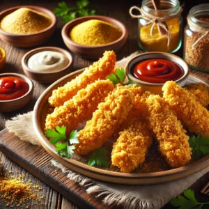 Golden, crunchy chicken tenders with a perfectly crispy breadcrumb coating, served with honey mustard, ranch, and ketchup for dipping.
