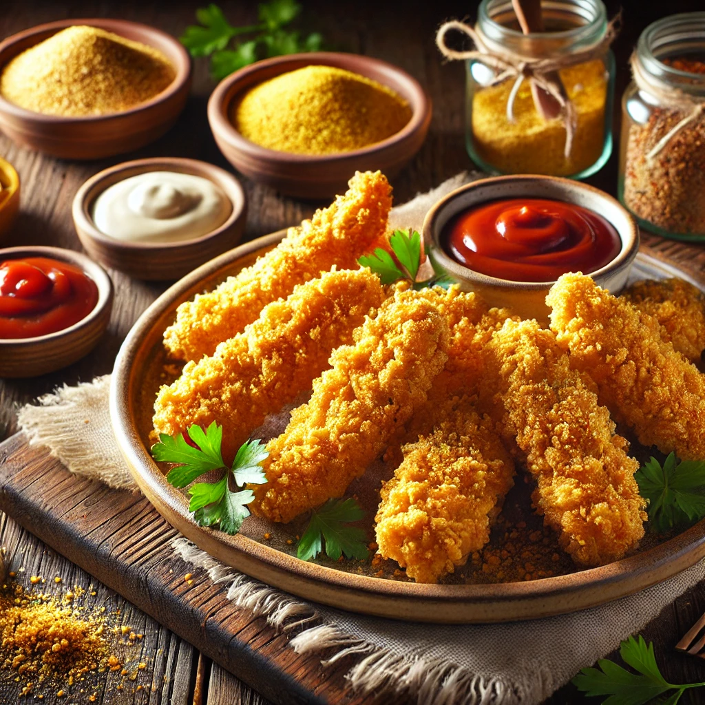 Golden, crunchy chicken tenders with a perfectly crispy breadcrumb coating, served with honey mustard, ranch, and ketchup for dipping.