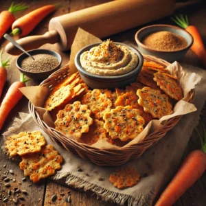 Thin, golden-brown crackers speckled with grated carrot and toasted cumin seeds, served with a side of hummus for dipping.