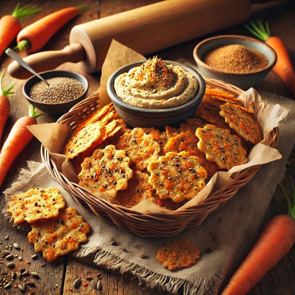 Thin, golden-brown crackers speckled with grated carrot and toasted cumin seeds, served with a side of hummus for dipping.