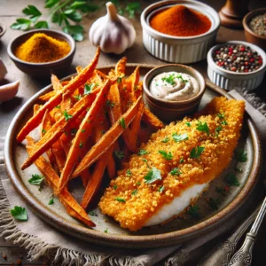 Crusty Catfish with Sweet Potato Fries, featuring golden, crispy catfish fillets and perfectly cooked sweet potato fries, garnished with fresh herbs and served with a dipping sauce in a rustic, inviting setting.