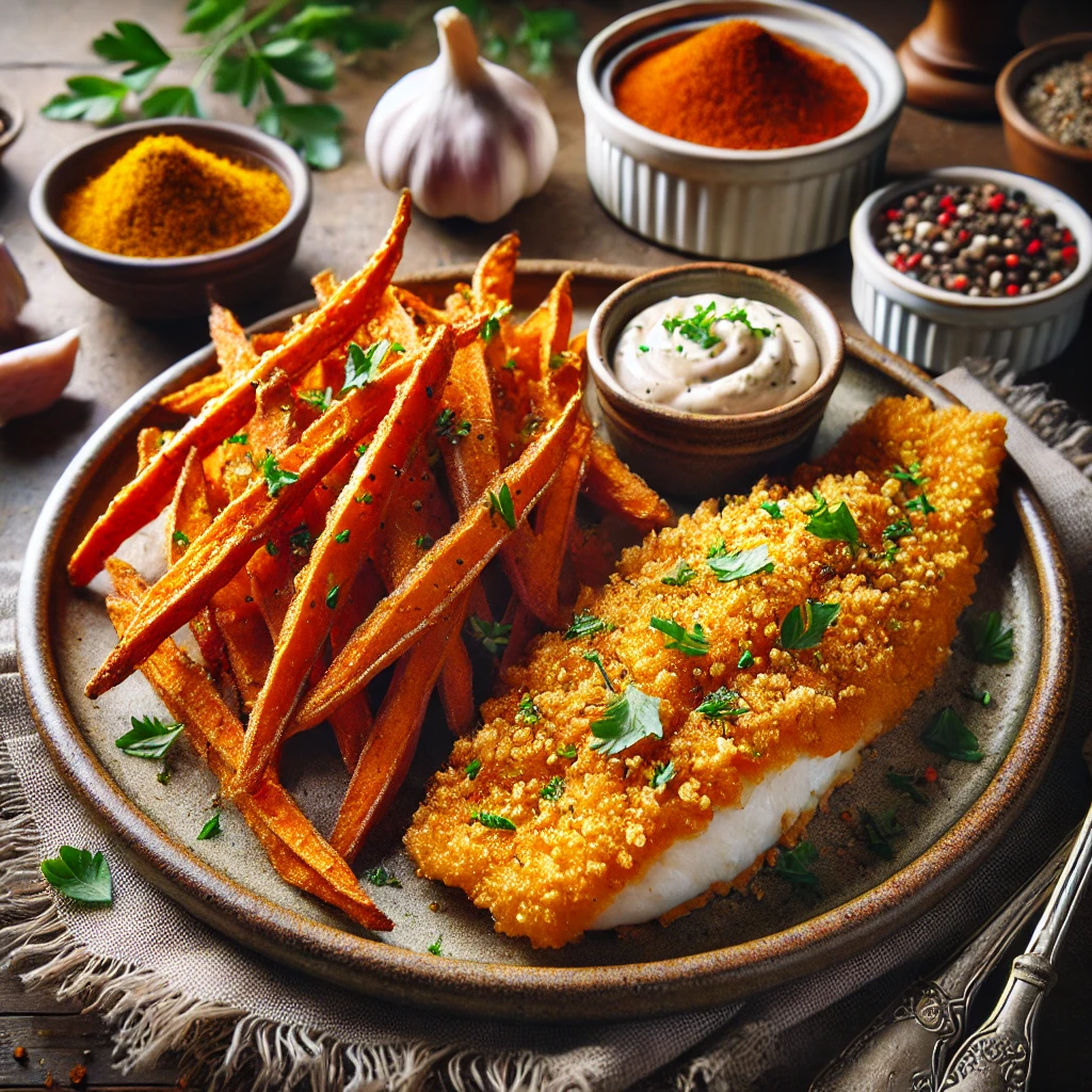 Crusty Catfish with Sweet Potato Fries, featuring golden, crispy catfish fillets and perfectly cooked sweet potato fries, garnished with fresh herbs and served with a dipping sauce in a rustic, inviting setting.
