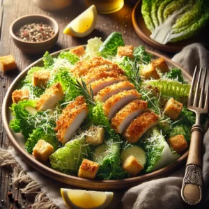A plate of crispy chicken Caesar salad with romaine lettuce, creamy Caesar dressing, golden breaded chicken slices, shaved Parmesan cheese, and crispy croutons on a rustic wooden table. Garnished with freshly cracked black pepper and a lemon wedge, with a serving fork lifting a bite. A cozy napkin and wooden plate enhance the warm, inviting atmosphere.