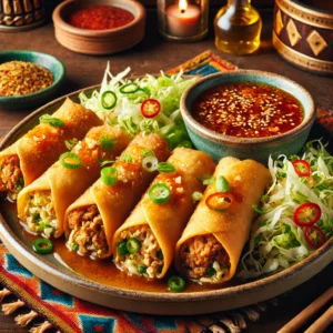 Chicken egg rolls with dipping sauce, served on a vibrant plate in a cozy, Mexican-inspired setting.