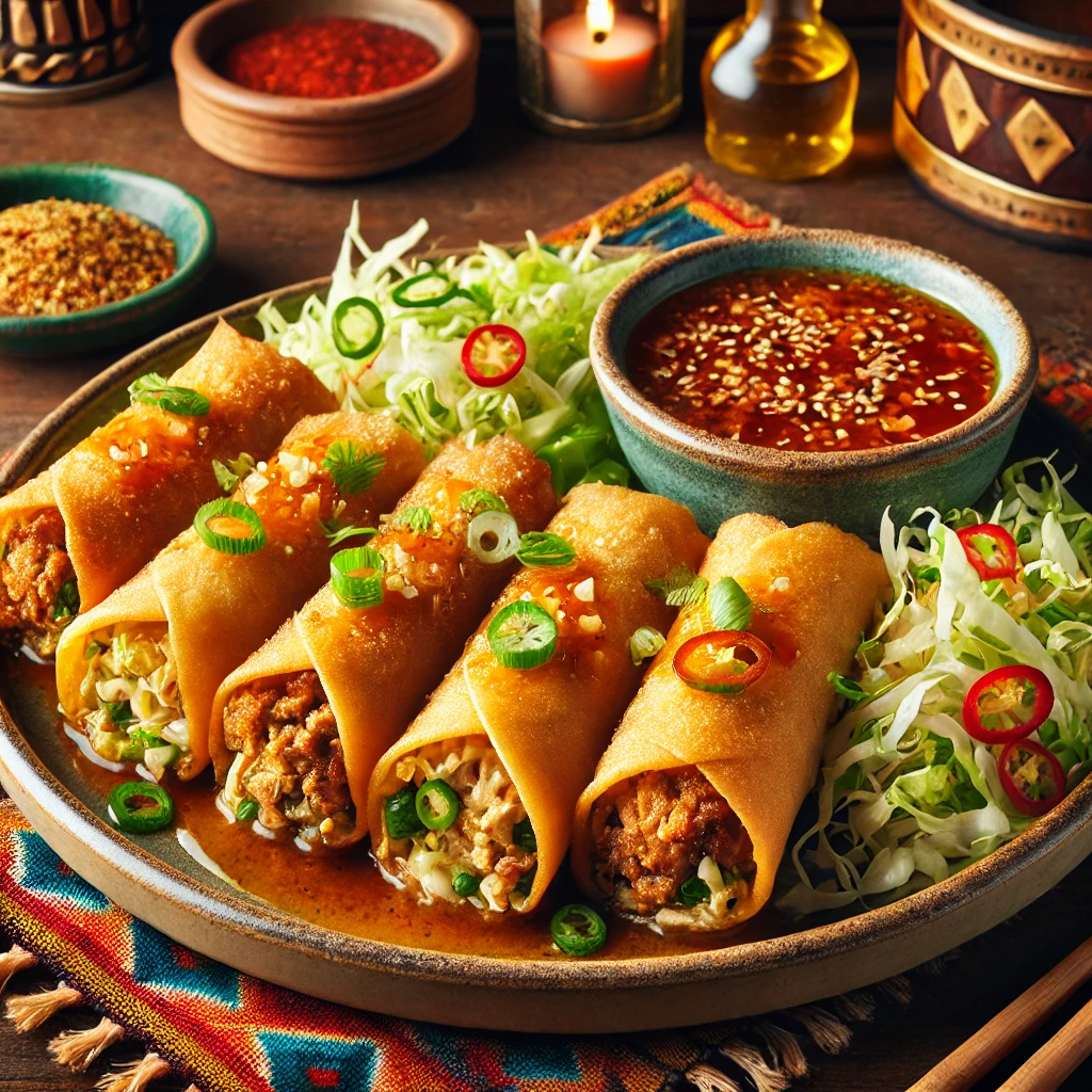 Chicken egg rolls with dipping sauce, served on a vibrant plate in a cozy, Mexican-inspired setting.