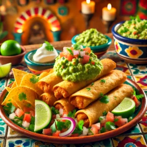 Chicken taquitos with guacamole and sour cream, served on a vibrant Mexican-style plate in a cozy kitchen setting.