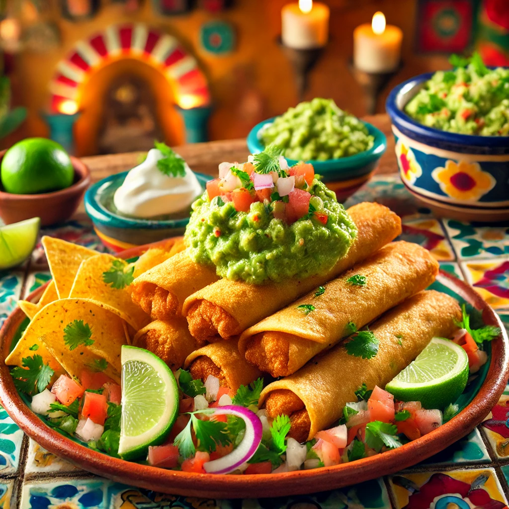 Chicken taquitos with guacamole and sour cream, served on a vibrant Mexican-style plate in a cozy kitchen setting.