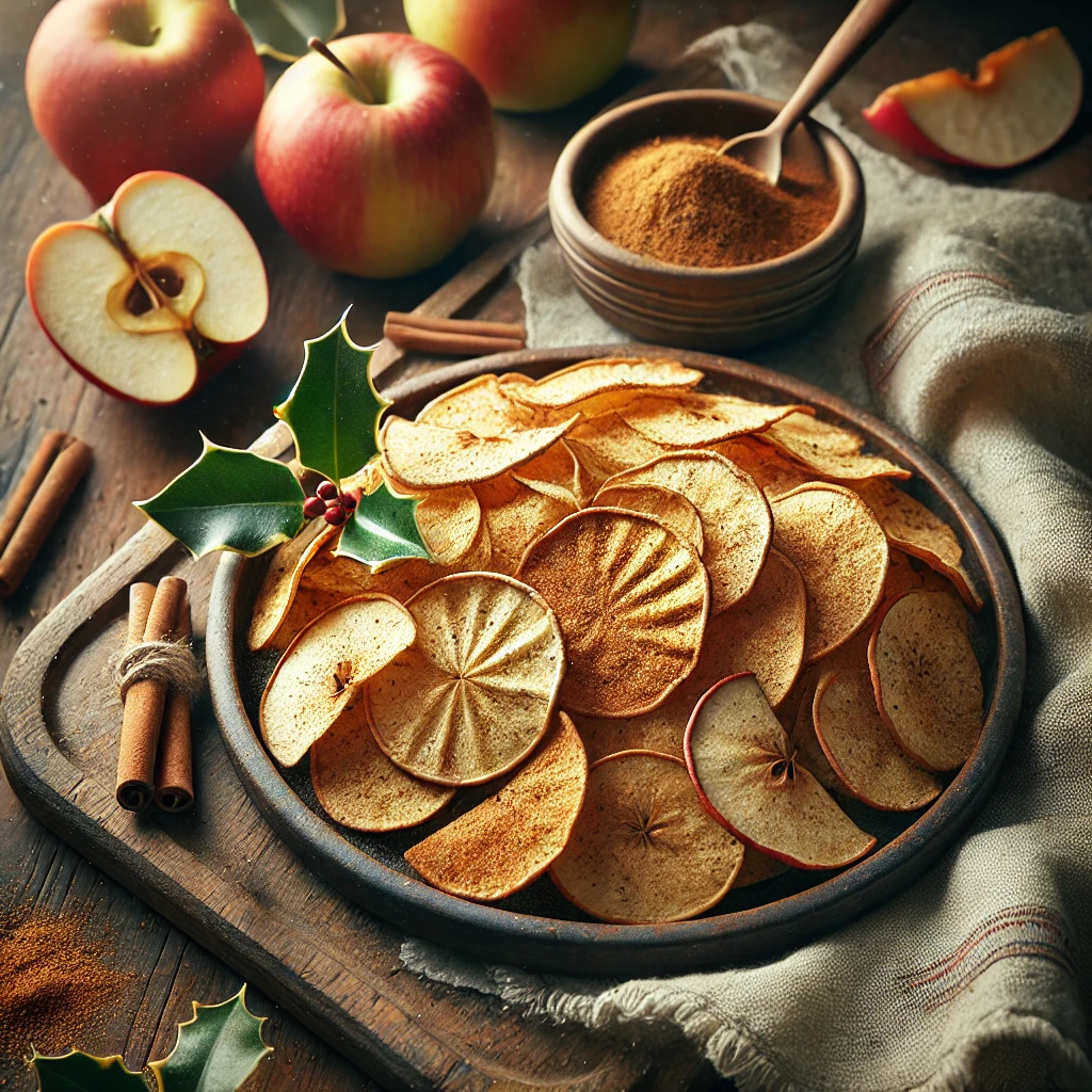 Thin, golden brown Apple Crisps lightly dusted with cinnamon, arranged on an ANTA Holly serving plate. The plate is styled on a rustic wooden table with fresh Granny Smith apples, a small bowl of cinnamon, and a linen napkin, illuminated by soft natural lighting for a cozy and inviting presentation.