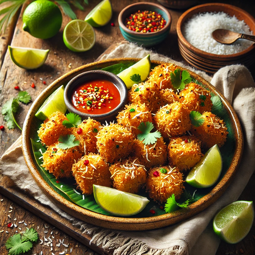 A plate of golden Crispy Coconut Tempeh Bites, garnished with cilantro and lime wedges, served with a bowl of sweet chili dipping sauce on a wooden table with shredded coconut in the background.