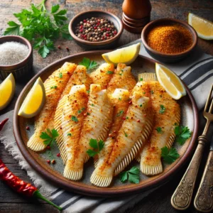 Golden, crispy flounder fillets seasoned with lemon pepper and chili powder, garnished with fresh parsley and served with lemon wedges on a rustic ceramic plate, set on a wooden table under soft natural lighting to emphasize the dish's crispy texture and inviting appearance.
