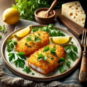 Filet of Flounder Cutlets, featuring golden, crispy breaded fillets garnished with parsley and served with lemon wedges on a rustic white plate, presented in a warm and inviting setting.