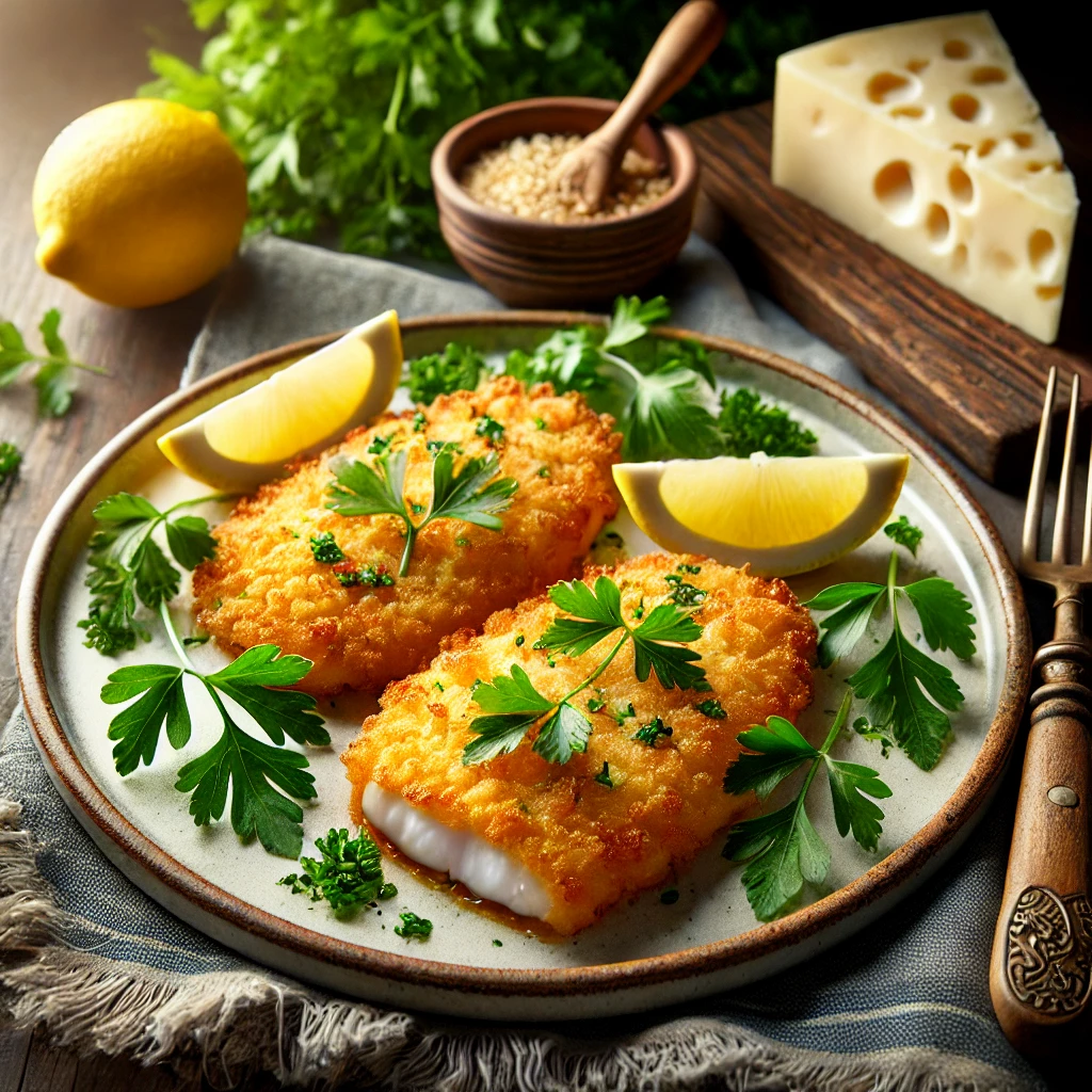 Filet of Flounder Cutlets, featuring golden, crispy breaded fillets garnished with parsley and served with lemon wedges on a rustic white plate, presented in a warm and inviting setting.