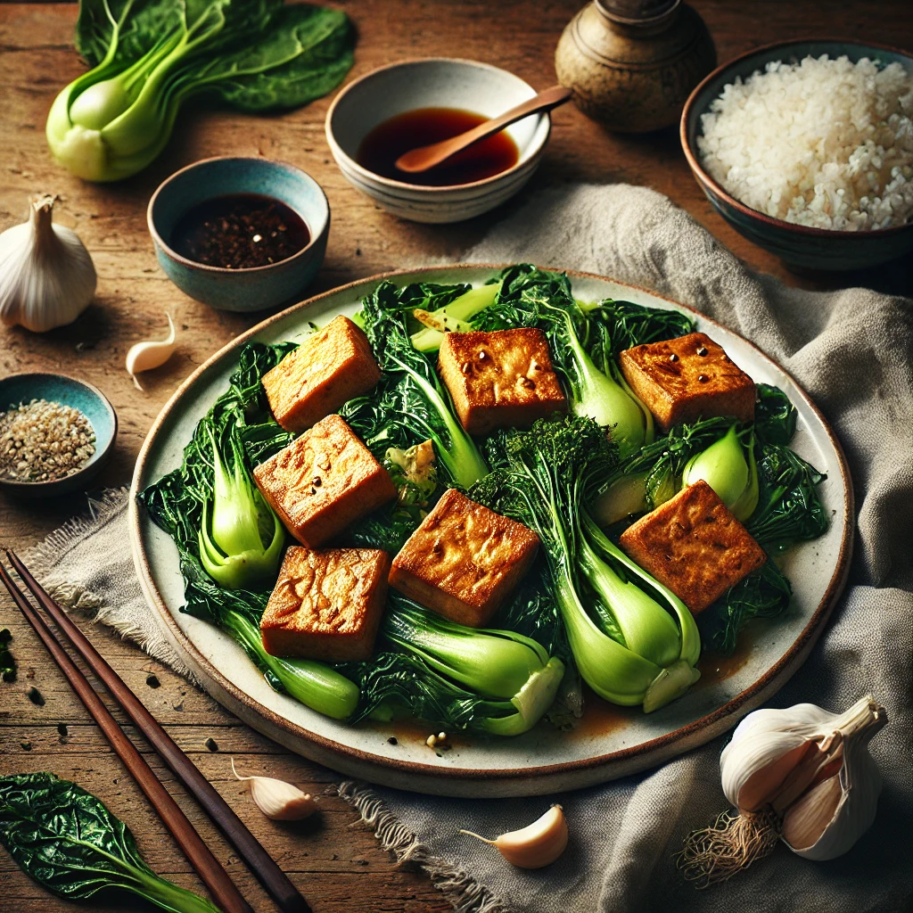 A white ceramic plate of crisp-fried tofu and greens sits on a rustic wooden table. The golden brown, crispy tofu triangles are arranged alongside a glossy stir-fried mix of pak choi, kale, and nappa cabbage, garnished with thinly sliced onions and fresh ginger. Accompanying the dish is a bowl of steamed rice, a small dish of dipping sauce, and scattered ingredients such as garlic cloves, soy sauce, and rice vinegar. A folded linen napkin completes the presentation. Soft natural light highlights the crispy tofu and vibrant greens, creating an appetizing and fresh display.
